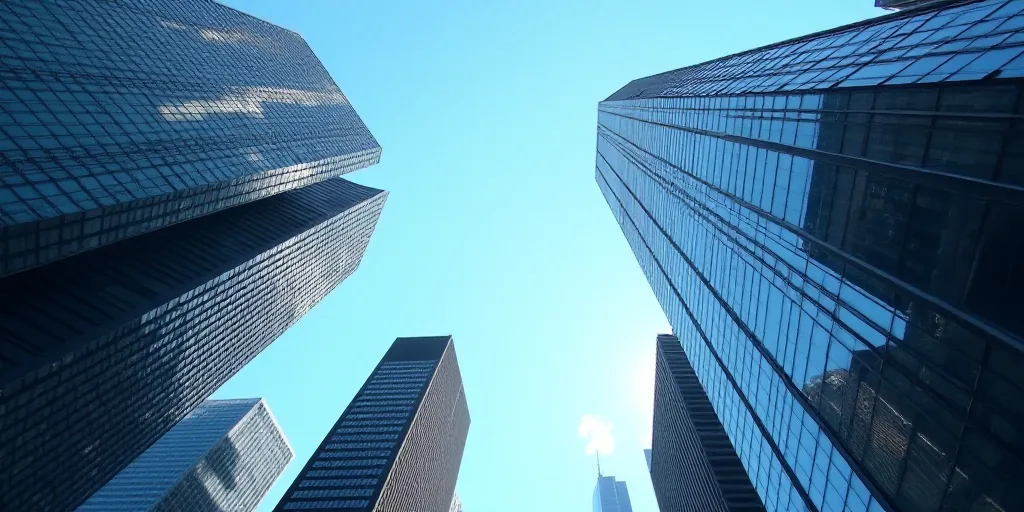 a view of a city with tall buildings and a blue sky in the background, looking up at the sky, Erlund