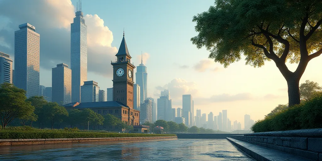 a view of a city with tall buildings and a clock tower in the foreground, and a tree in the foregrou