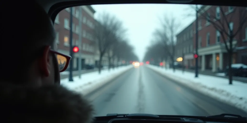 a view of a snowy street from a vehicle window with a person looking out the window at the street, A