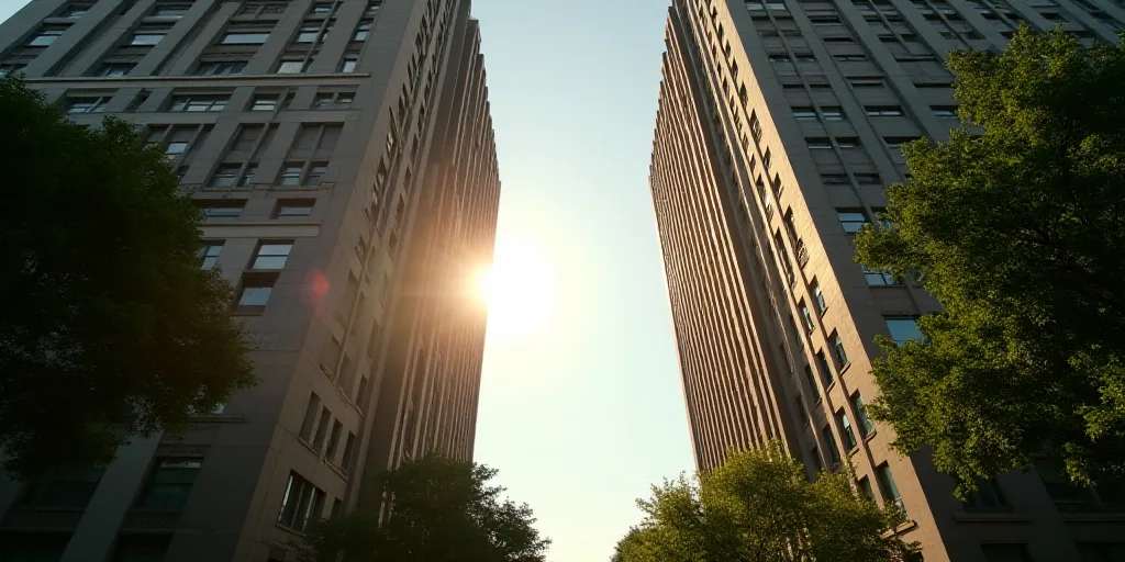 a view of two tall buildings from below, with a sun shining through the windows of the building and