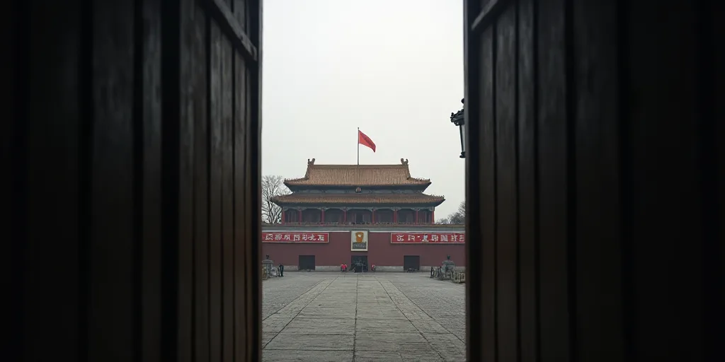 a view through a gate of a building with a flag on top of it and a building in the background, Cui B