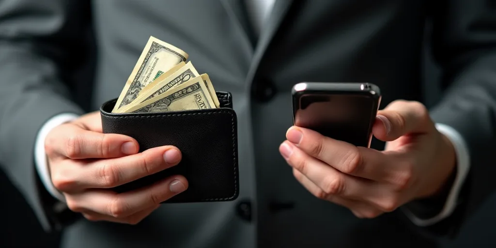 a wallet with money coming out of it and a hand holding a cell phone in the other hand with a wallet