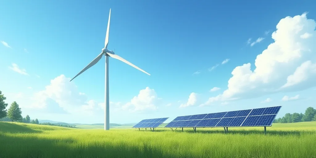 a wind turbine and solar panels in a field of grass with a blue sky and clouds in the background, É