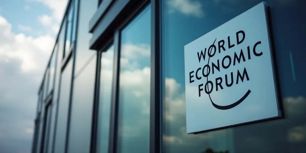 a window with a sign that says world economic forum on it's side and a cloudy sky behind it, Edi Ram