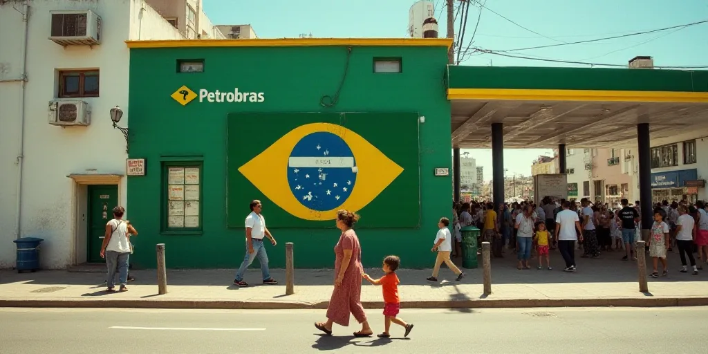a woman and a child are walking in front of a petrobras sign on a building with people walking by, A