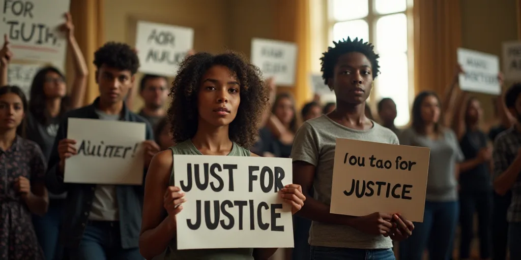 a woman and a child holding signs in a room with other people standing around them and holding signs