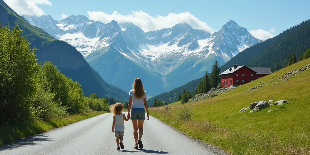 a woman and a child walking down a road in the mountains with a mountain range in the background and