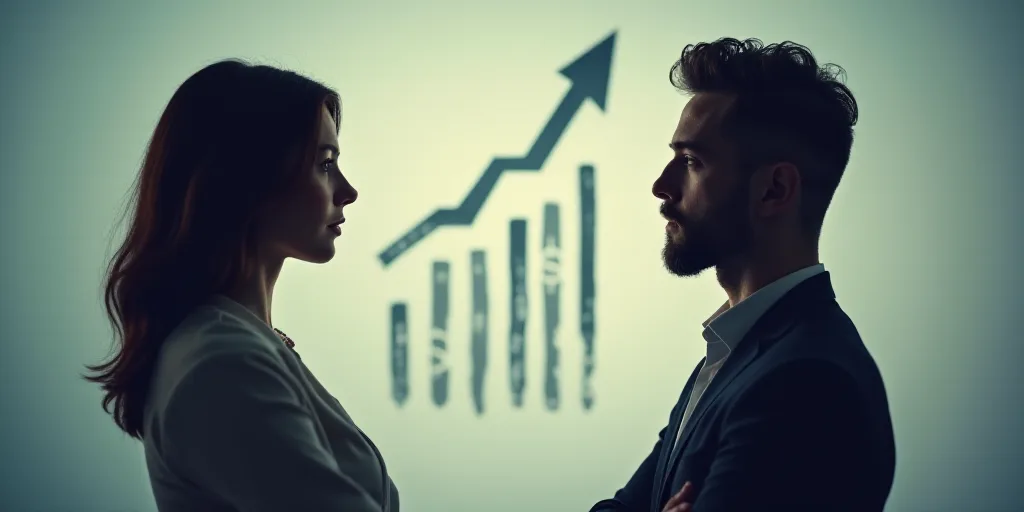 a woman and a man are facing each other in front of a graph arrow and a dollar sign with a dollar si