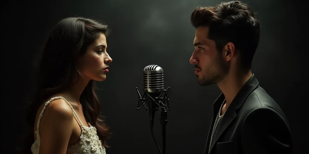 a woman and a man are standing in front of a microphone and a microphone is in front of a microphone