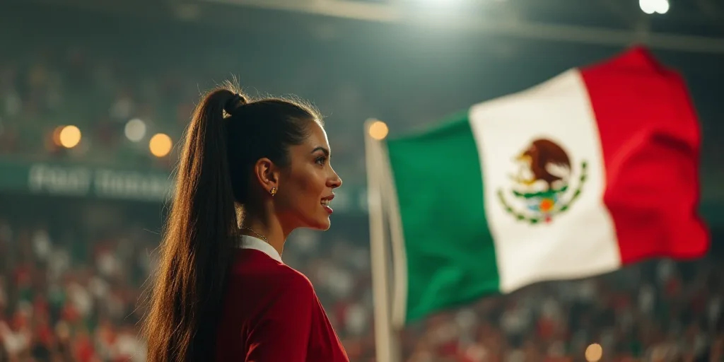a woman giving a speech at a mexican soccer event with flags in the background and a mexican emblem