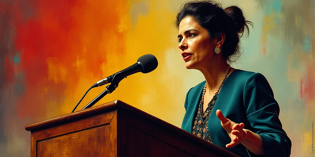 a woman giving a speech at a podium with her hand out to the side of the podium and a microphone in