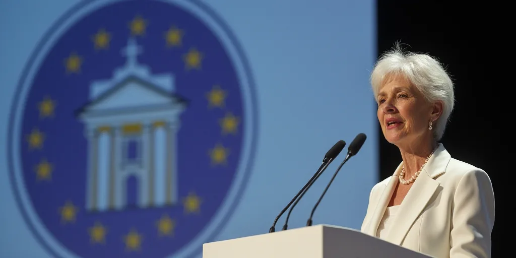 a woman giving a speech at a podium with a microphone in front of her and a european central bank lo