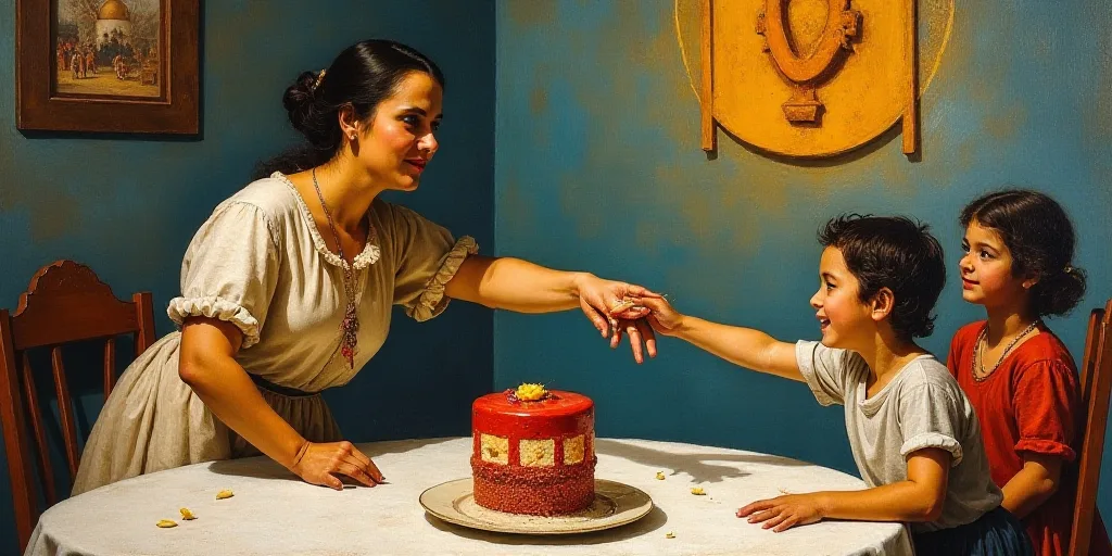 a woman handing a piece of cake to a child at a table with other people around it and a sign in the