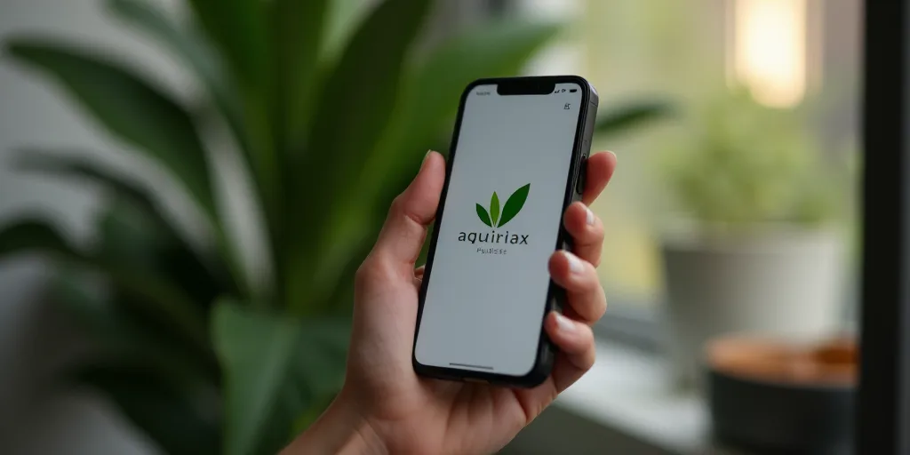 a woman holding a cell phone with a logo on it in her hand and a plant in the background, Aquirax Un