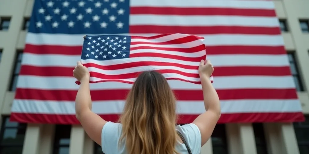 a woman holding a flag and a sign in front of a building with a large american flag on it, Christo,