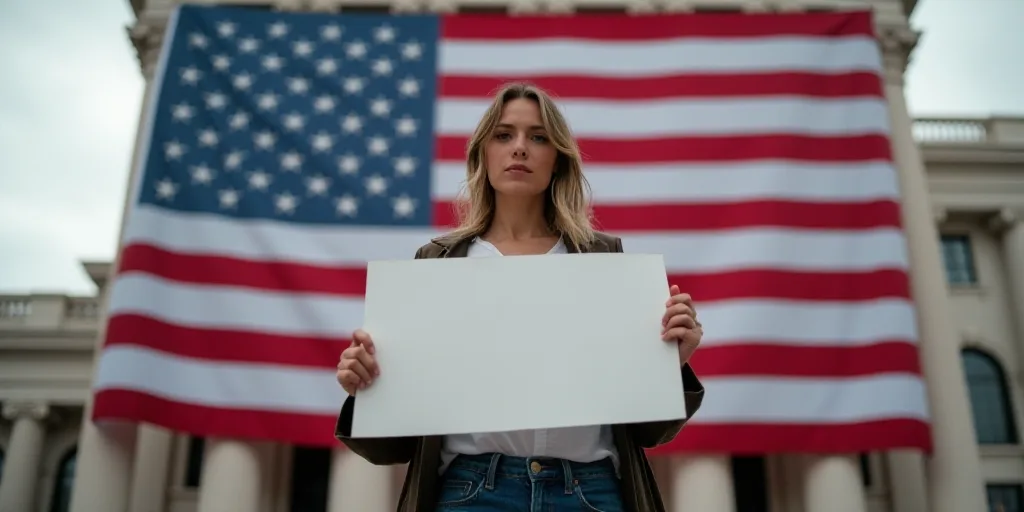 a woman holding a flag and a sign in front of a building with a large american flag on it, Christo,
