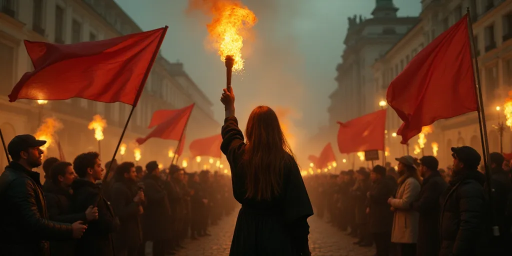 a woman holding a lit torch in the air in front of a crowd of people holding flags and signs, Carlo