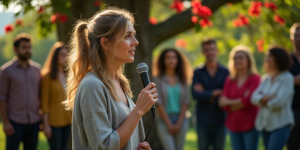 a woman holding a microphone in front of a group of people standing around a tree with red flowers o