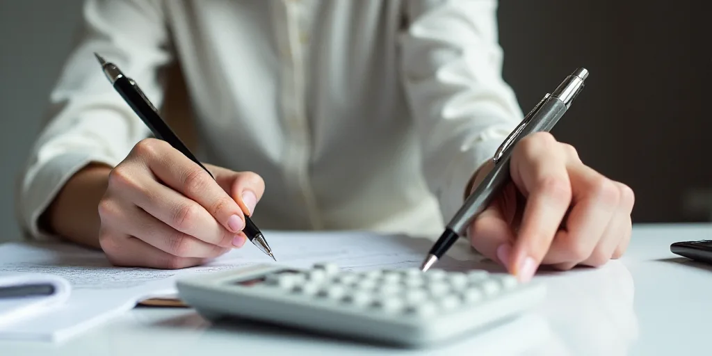 a woman holding a pen and a calculator in her hand with a calculator and a notebook in front of her,