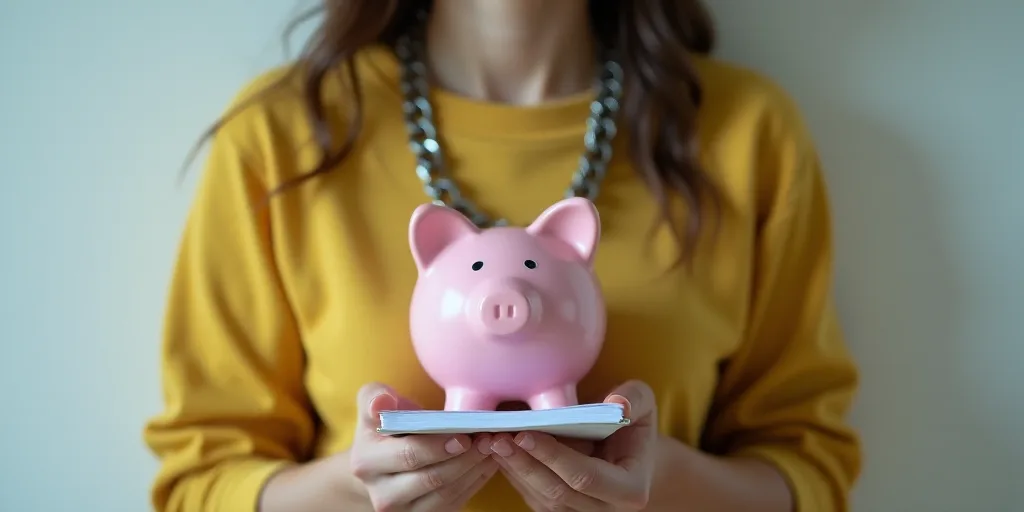 a woman holding a piggy bank and a chain around her neck and a notepad in her hand, Aquirax Uno, beh