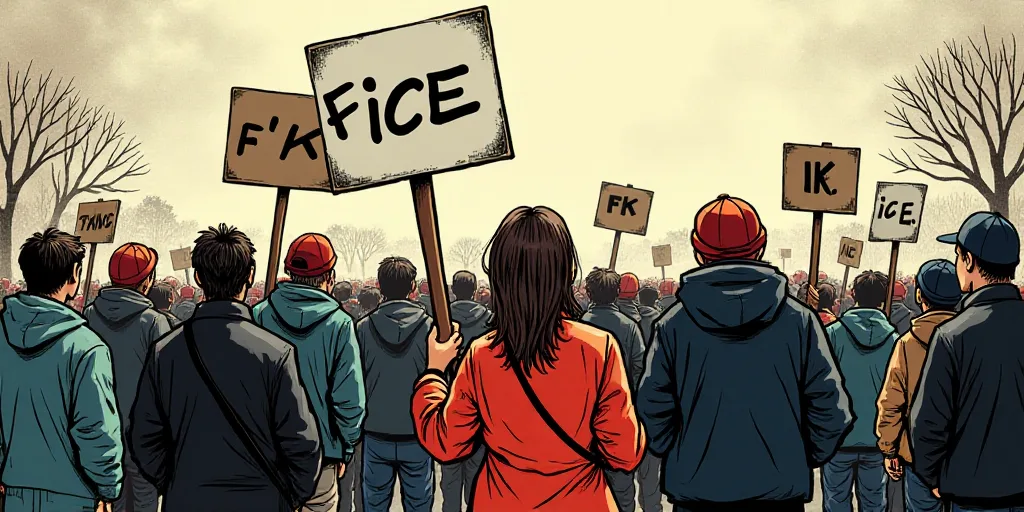 a woman holding a sign that says f k ice on it while standing in a crowd of people holding a sign, A
