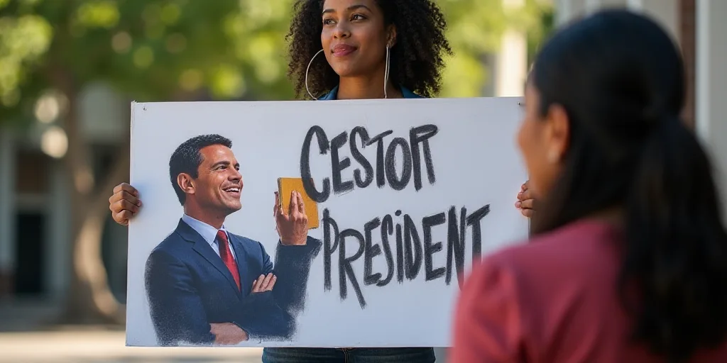 a woman holding a sign with a picture of a man holding a book and a sign with a free president, Estu