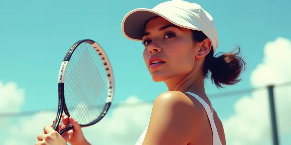 a woman holding a tennis racquet on a tennis court with a sky background and a white hat, Ann Thetis