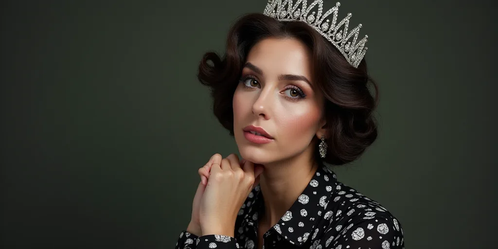 a woman in a black and white dress shirt and a tiara on her head and hands in front of her, Carol Bo