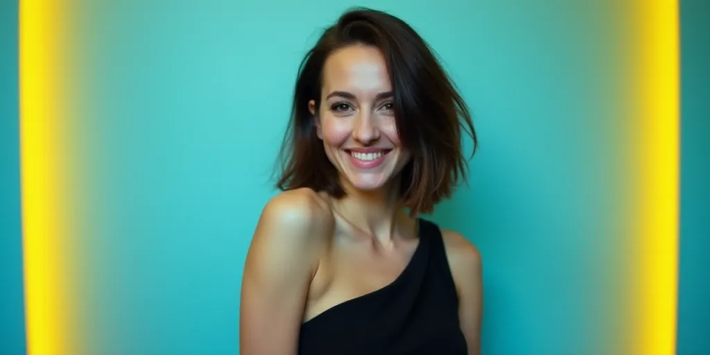 a woman in a black dress is smiling for a picture with a blue background and a yellow border around