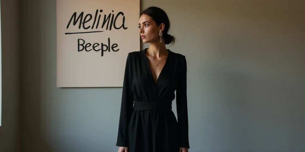 a woman in a black dress standing in front of a wall with the name melnia on it and a name sign behi