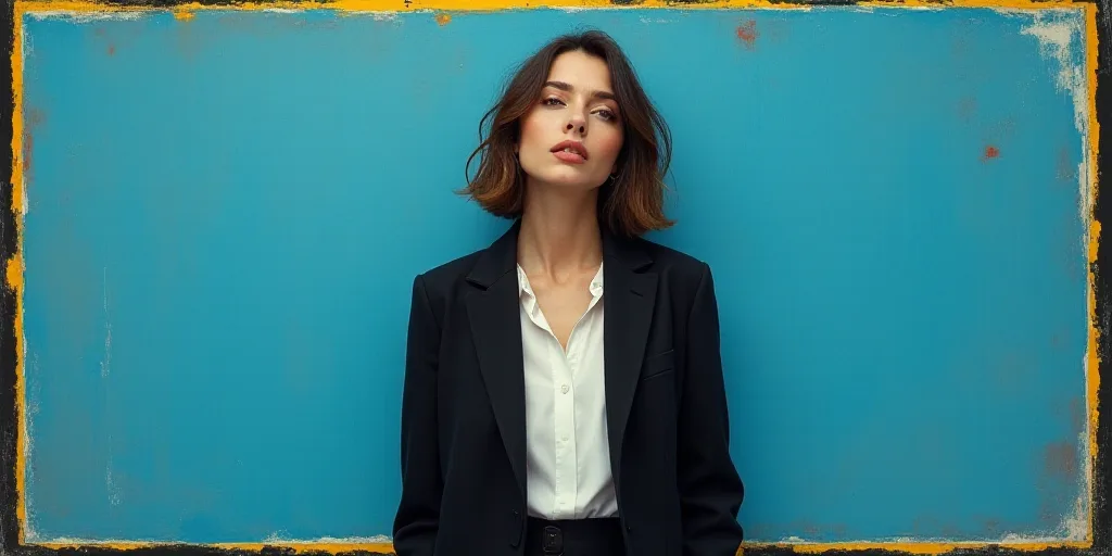 a woman in a black jacket and white shirt is standing in front of a blue background with a black and