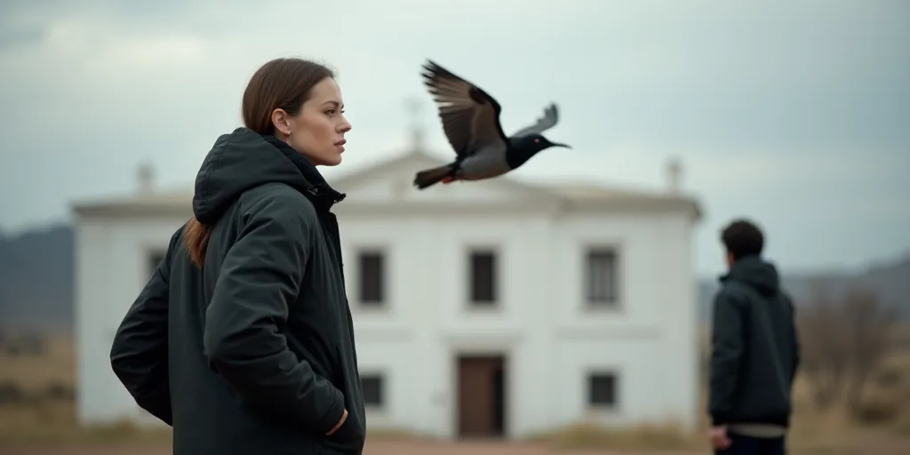 a woman in a black jacket and a bird flying in the air near her and a man in a black jacket and a wh