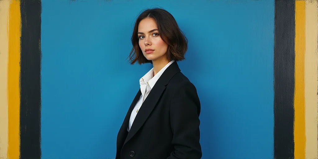 a woman in a black jacket and white shirt is standing in front of a blue background with a black and