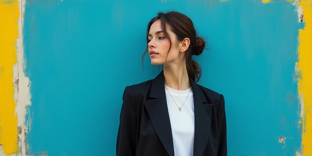a woman in a black jacket and white shirt is standing in front of a blue background with a yellow bo