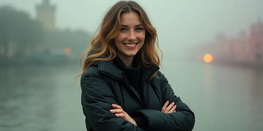 a woman in a black jacket is smiling for the camera with her arms crossed and her hands folded in fr