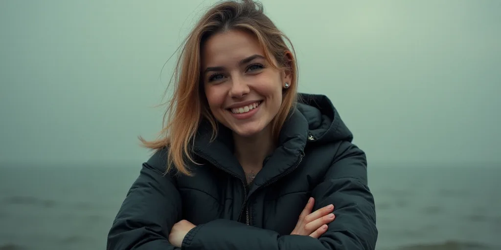 a woman in a black jacket is smiling for the camera with her arms crossed and her hands folded in fr