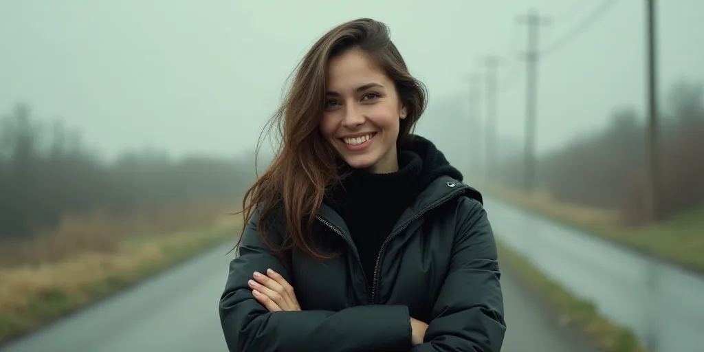 a woman in a black jacket is smiling for the camera with her arms crossed and her hands folded in fr