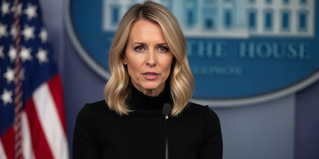 a woman in a black turtle neck sweater speaking into a microphone with a flag behind her and a white