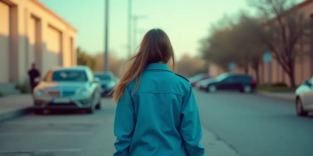 a woman in a blue jacket is walking down the street in a parking lot with a car parked on the side o
