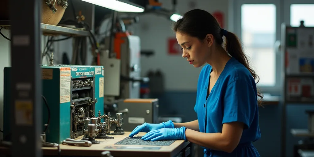 a woman in a blue shirt and gloves working on a machine with a sign on it that says q & a mix, Cefer