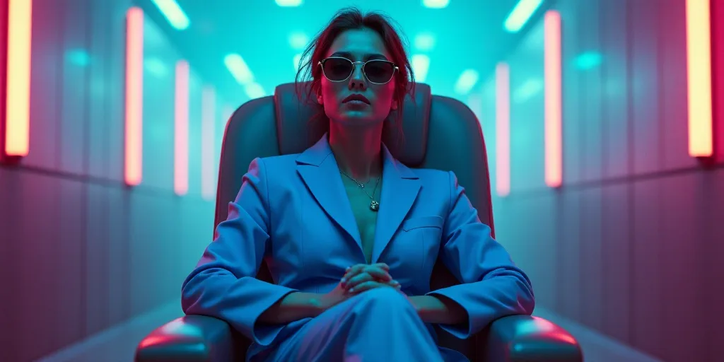 a woman in a blue suit and glasses sitting in a chair with her hands folded up in front of her, Ada