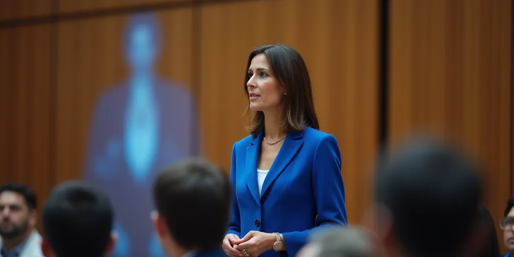 a woman in a blue suit is giving a speech at a conference hall with a wooden wall behind her, Denis
