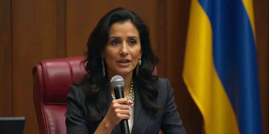 a woman in a chair with a flag behind her and a microphone in front of her, with a microphone in her
