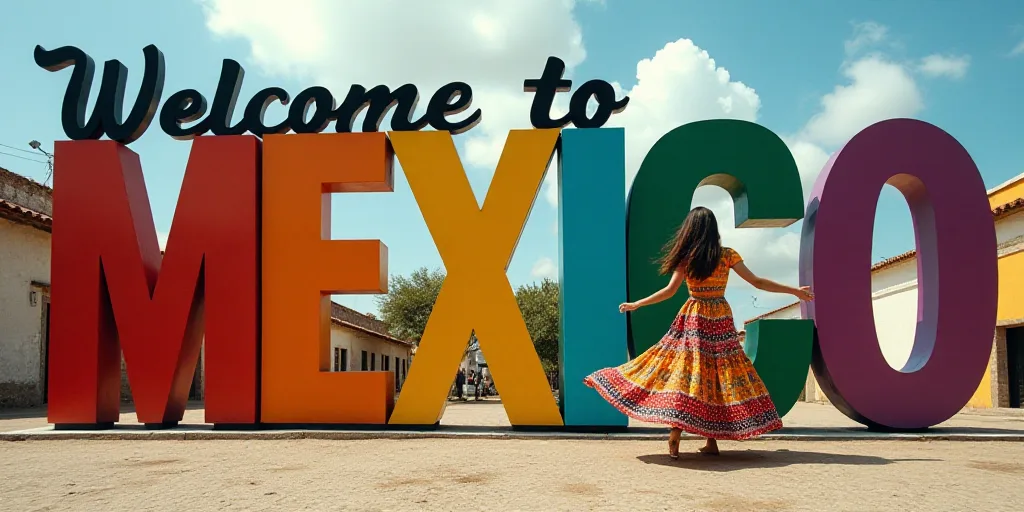 a woman in a colorful dress dancing in front of a sign that says welcome to mexico on it's side, Aqu
