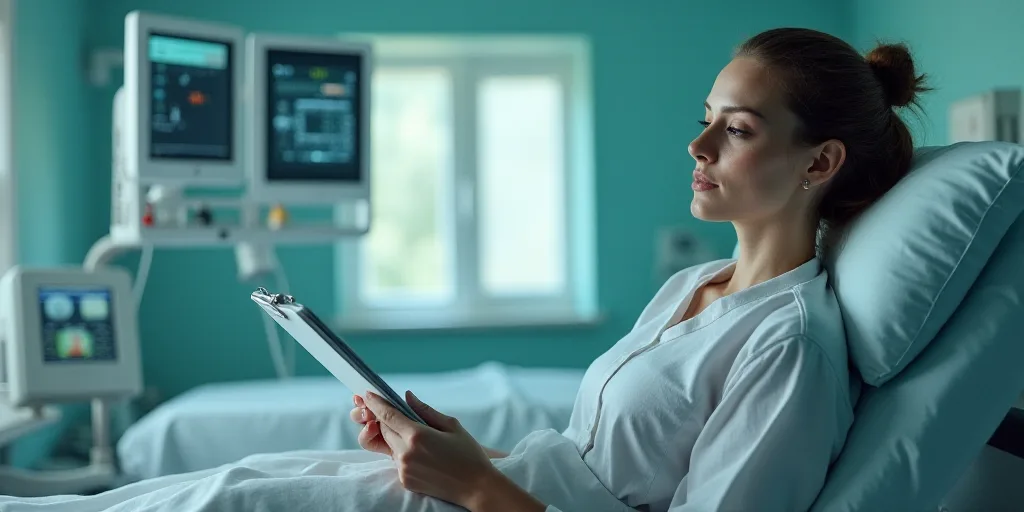 a woman in a hospital bed with a clipboard in her hand and a clipboard in her hand, Évariste Vital