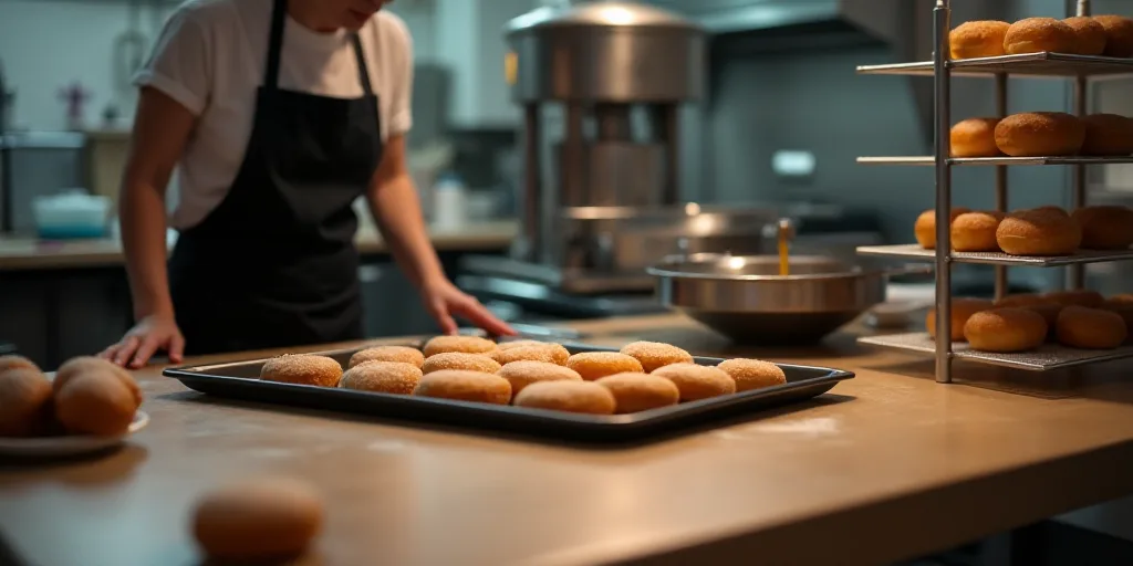 a woman in a kitchen making doughnuts on a tray with a machine in the background and a rack of dough