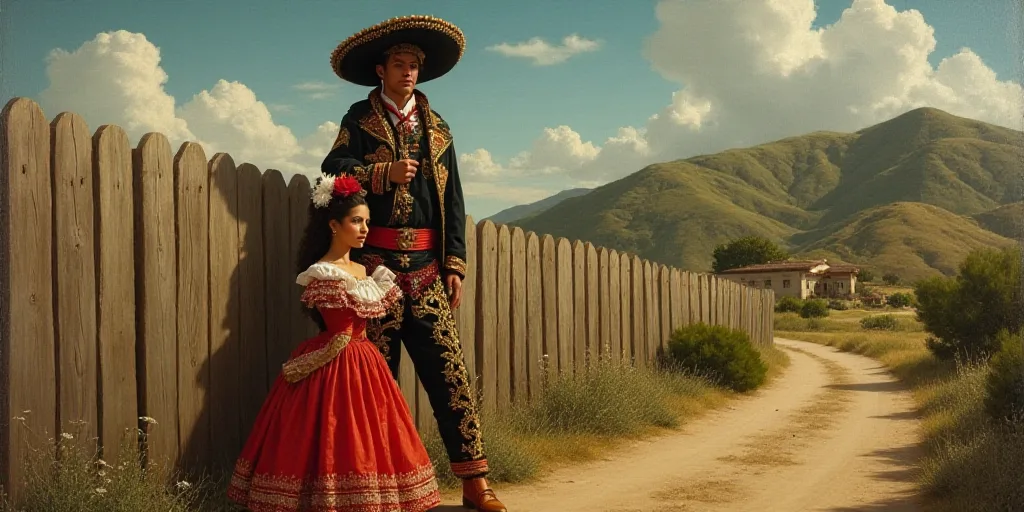 a woman in a mexican costume standing next to a fence with a man in a mexican costume on his shoulde