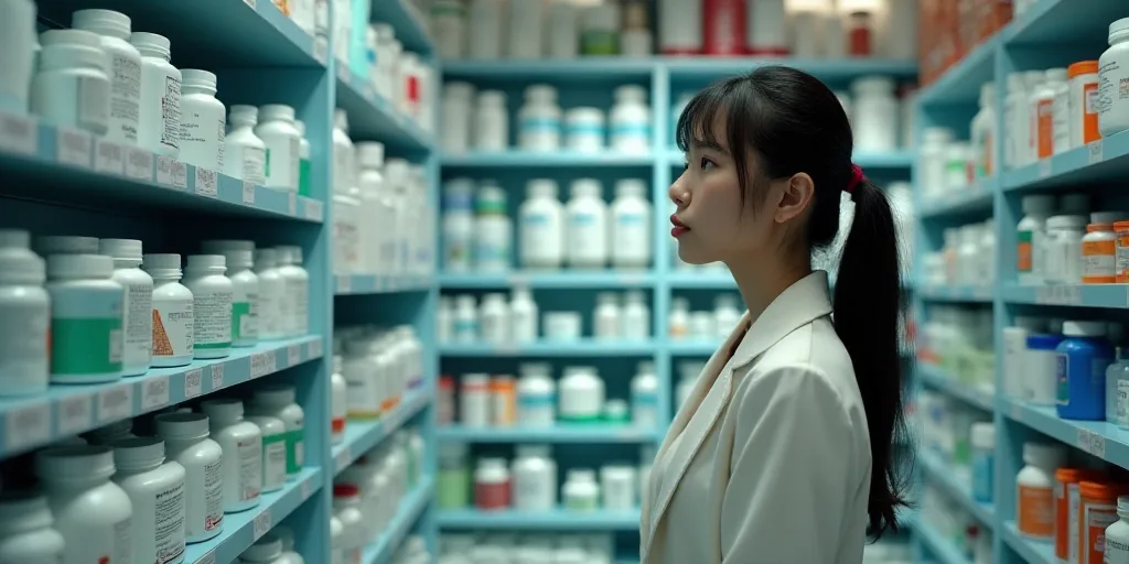 a woman in a pharmacy shop looking at a shelf of medicine bottles and other items on shelving units,