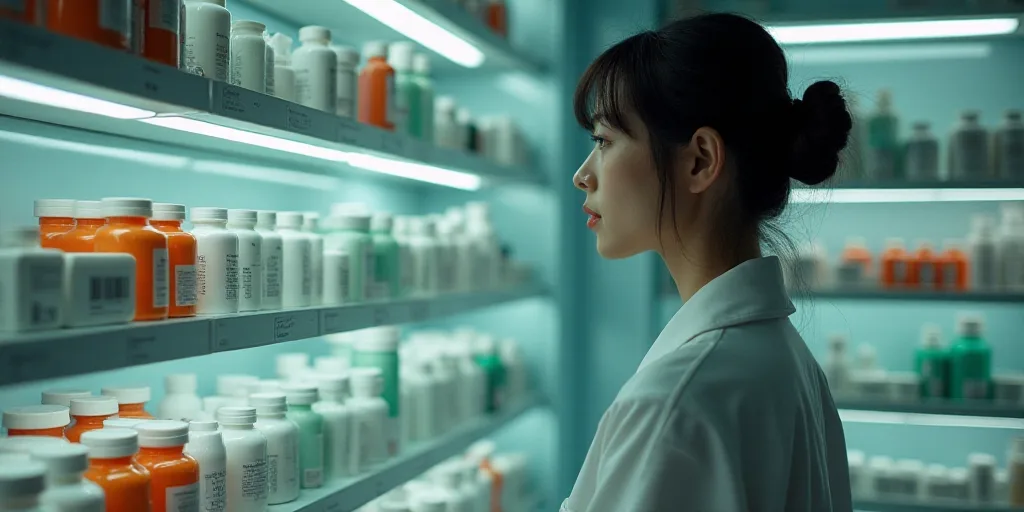 a woman in a pharmacy shop looking at a shelf of medicine bottles and other items on shelving units,
