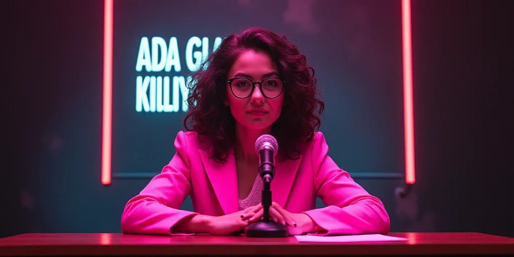 a woman in a pink jacket and glasses sitting at a table with a microphone in front of her and a sign